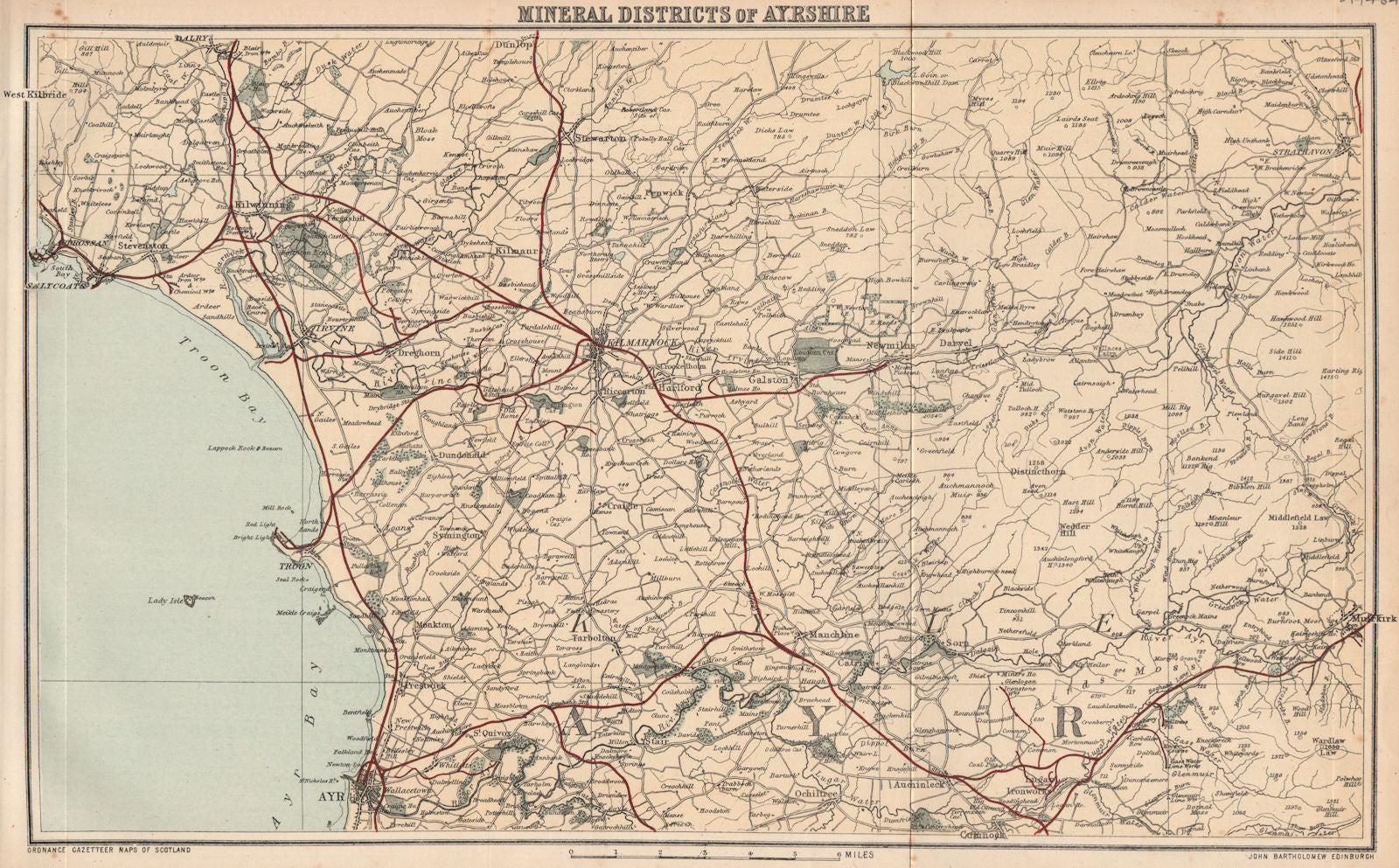 AYRSHIRE. Map of the coal mining districts. Scotland. Minerals. BARTHOLOMEW 1885